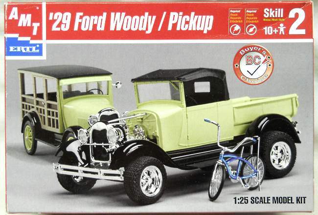 AMT 1/25 1929 Ford Model A Pick Up or Woody Station Wagon With Bicycle - Build One of Four Ways - Stock or Custom Truck / Stock or Custom Woody Wagon, 31220 plastic model kit